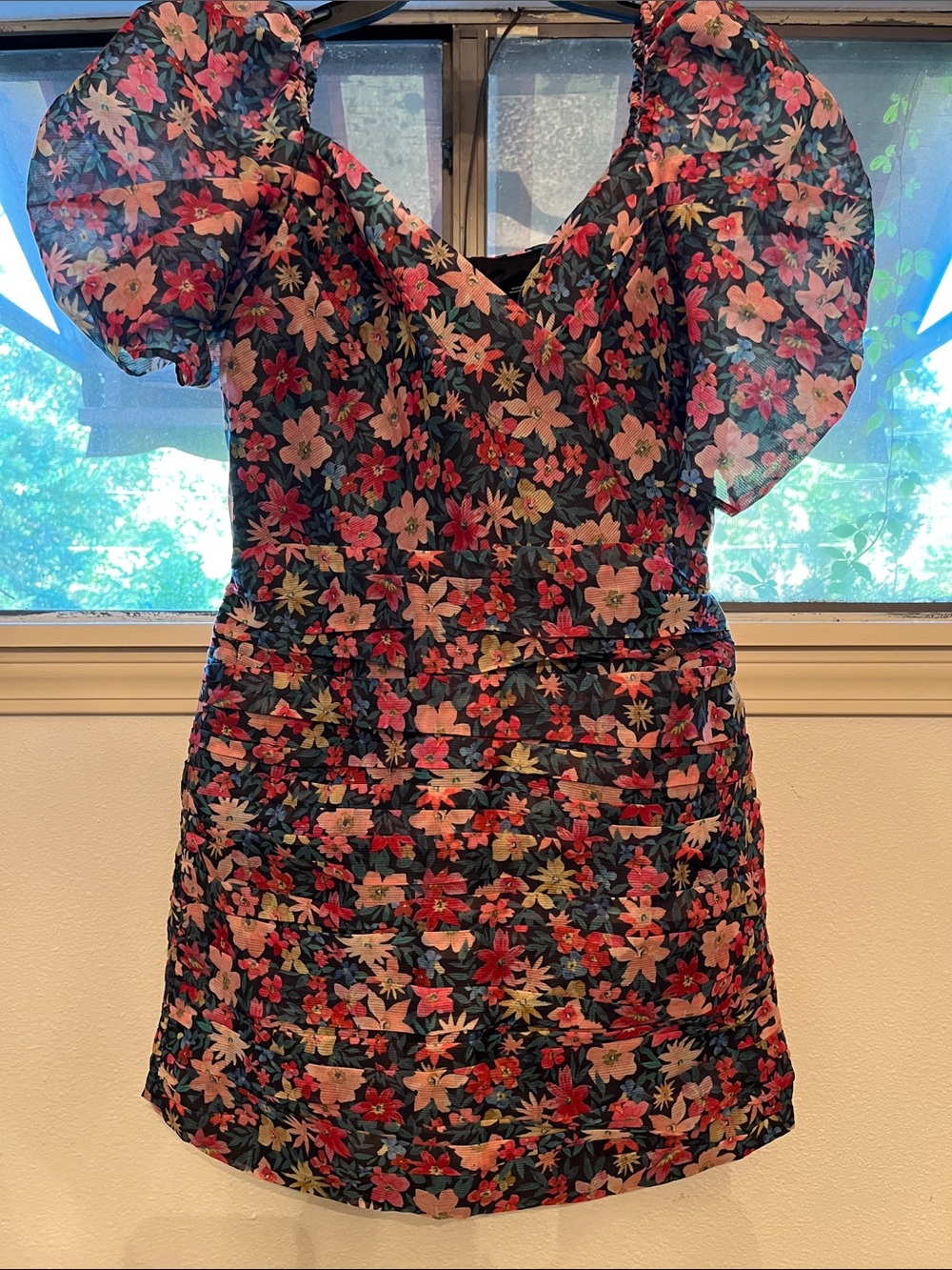 C/MEO Collective Black Floral Puff-Sleeve Kids Dress with Pink & Red Flowers